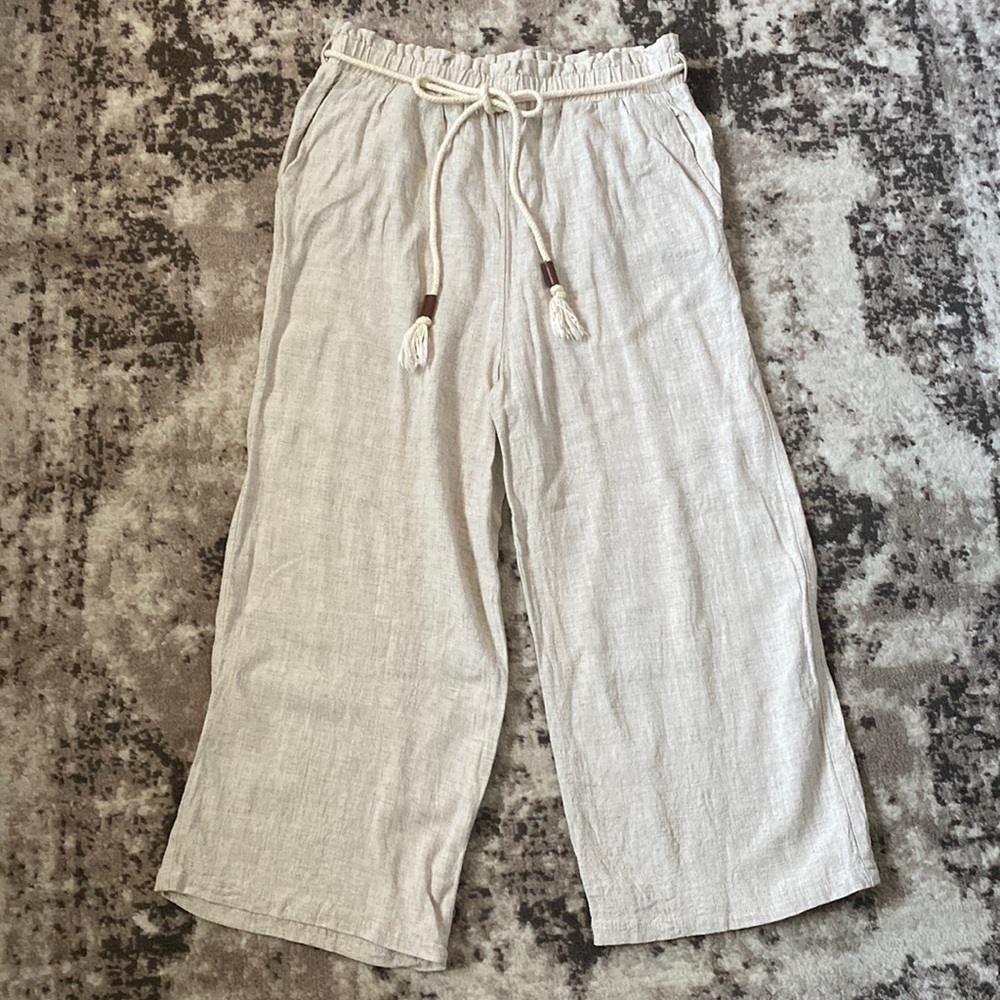High waisted beige linen wide leg pants